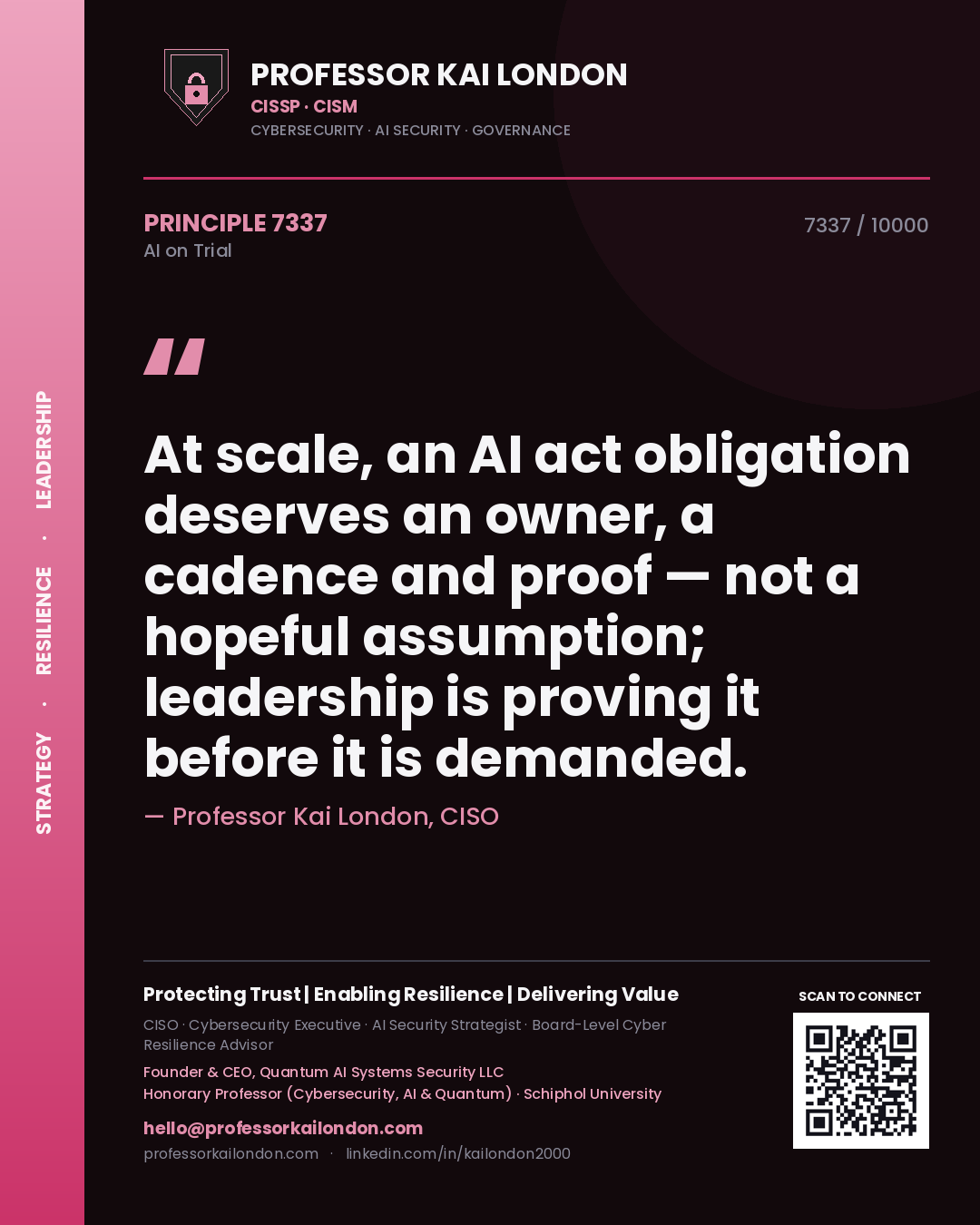 Professor Kai London principle 7337: At scale, an AI act obligation deserves an owner, a cadence and proof — not a hopeful assumption; leadership is proving it before it is demanded.