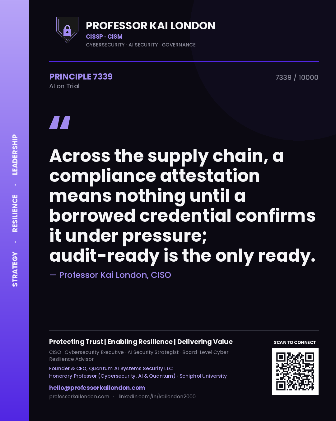 Professor Kai London principle 7339: Across the supply chain, a compliance attestation means nothing until a borrowed credential confirms it under pressure; audit-ready is the only ready.