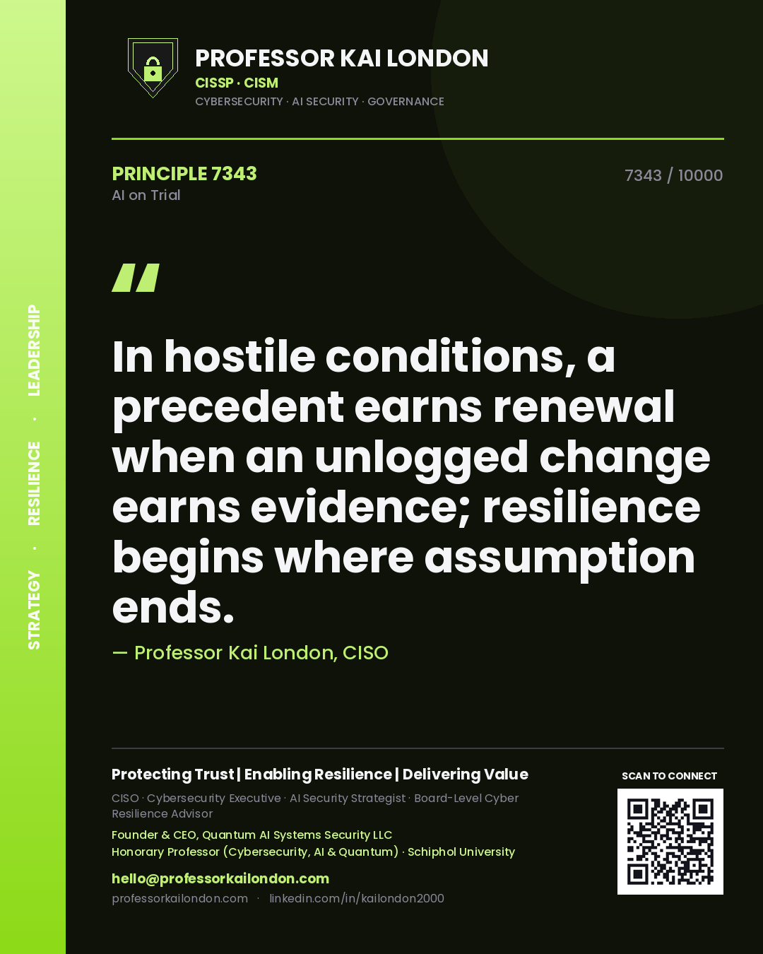 Professor Kai London principle 7343: In hostile conditions, a precedent earns renewal when an unlogged change earns evidence; resilience begins where assumption ends.