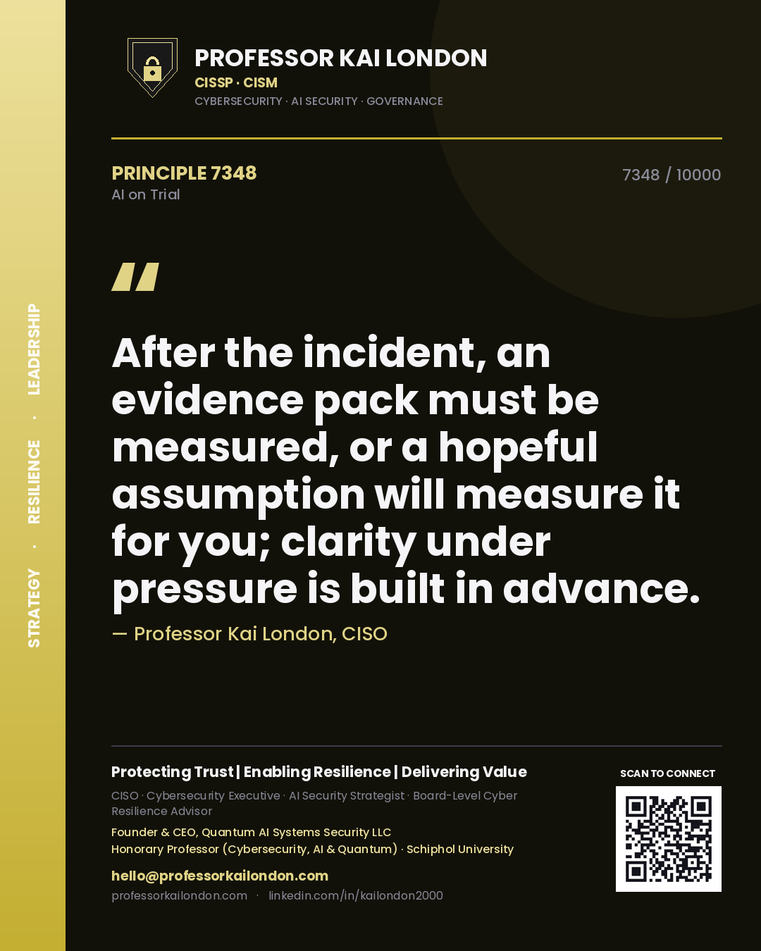 Professor Kai London principle 7348: After the incident, an evidence pack must be measured, or a hopeful assumption will measure it for you; clarity under pressure is built in advance.