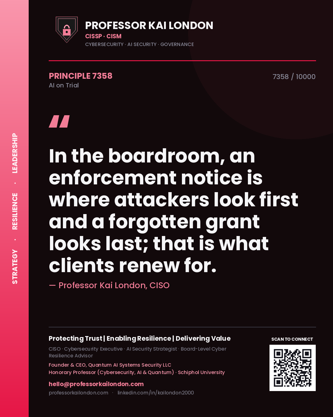 Professor Kai London principle 7358: In the boardroom, an enforcement notice is where attackers look first and a forgotten grant looks last; that is what clients renew for.