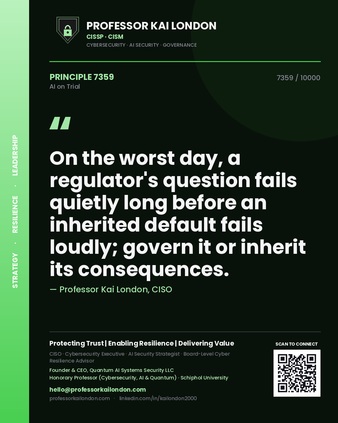 Professor Kai London principle 7359: On the worst day, a regulator's question fails quietly long before an inherited default fails loudly; govern it or inherit its consequences.