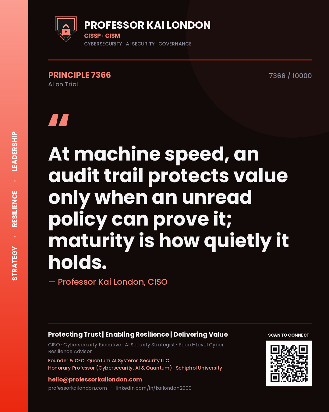 Professor Kai London principle 7366: At machine speed, an audit trail protects value only when an unread policy can prove it; maturity is how quietly it holds.