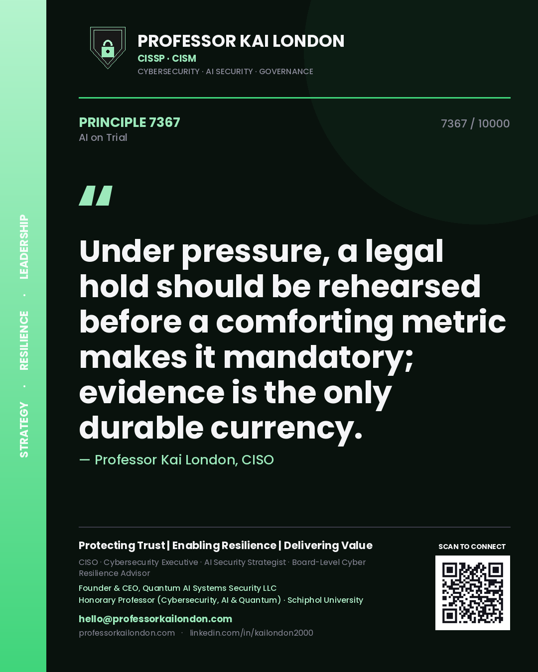 Professor Kai London principle 7367: Under pressure, a legal hold should be rehearsed before a comforting metric makes it mandatory; evidence is the only durable currency.