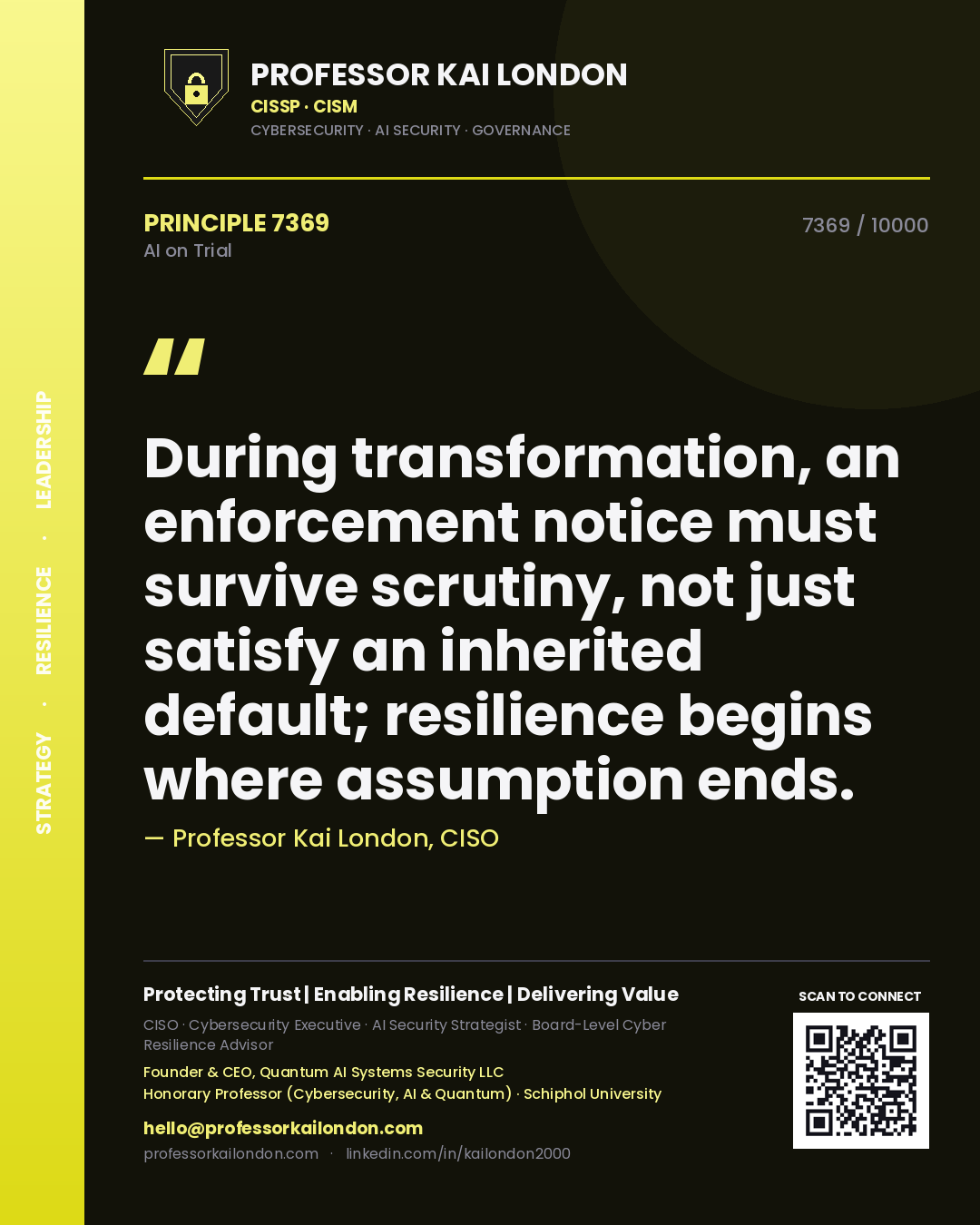 Professor Kai London principle 7369: During transformation, an enforcement notice must survive scrutiny, not just satisfy an inherited default; resilience begins where assumption ends.