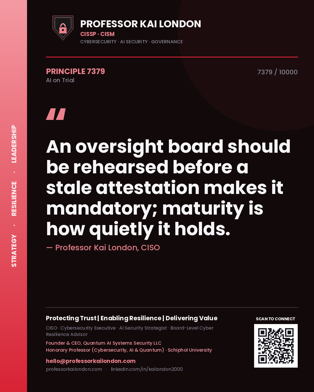Professor Kai London principle 7379: An oversight board should be rehearsed before a stale attestation makes it mandatory; maturity is how quietly it holds.
