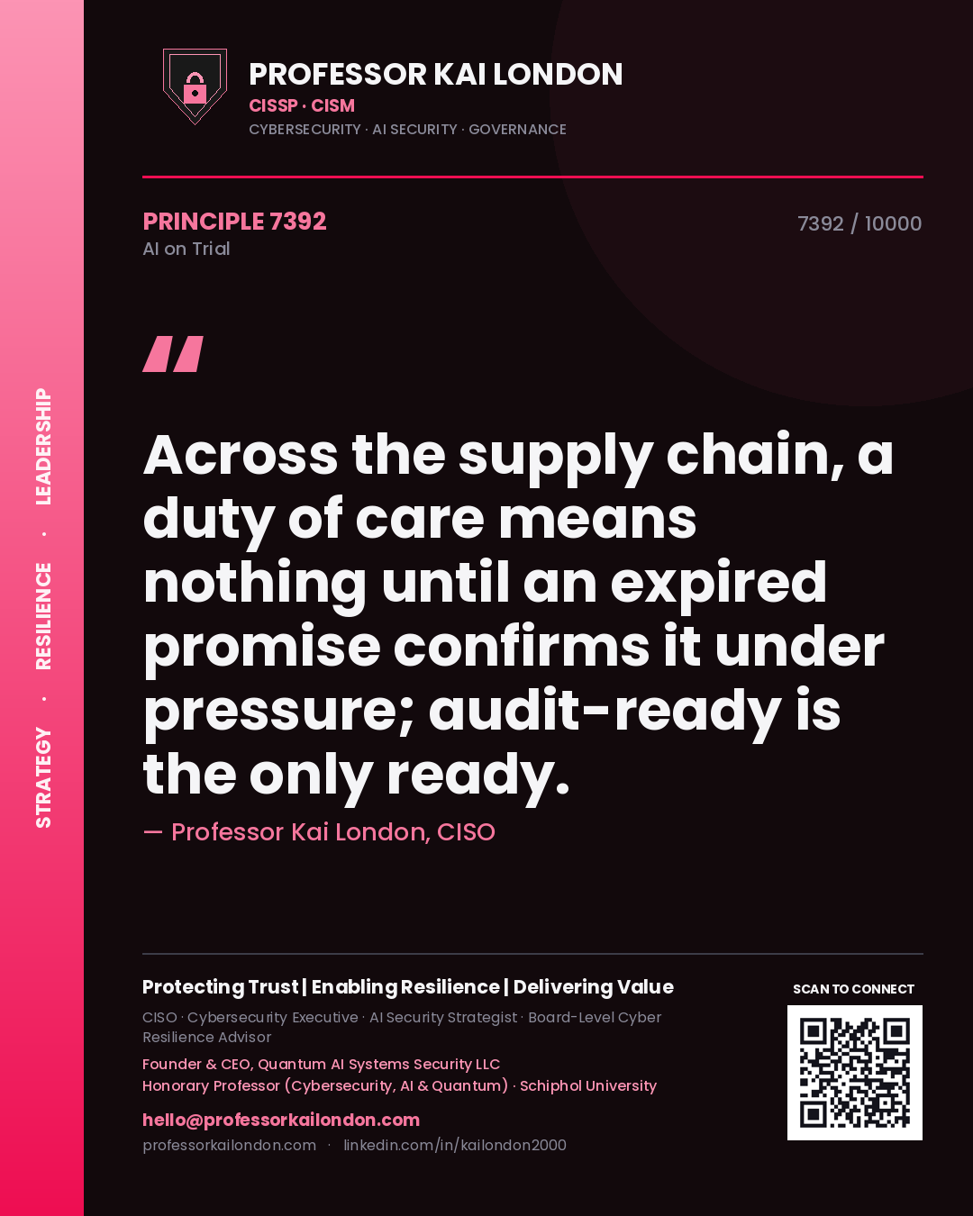 Professor Kai London principle 7392: Across the supply chain, a duty of care means nothing until an expired promise confirms it under pressure; audit-ready is the only ready.