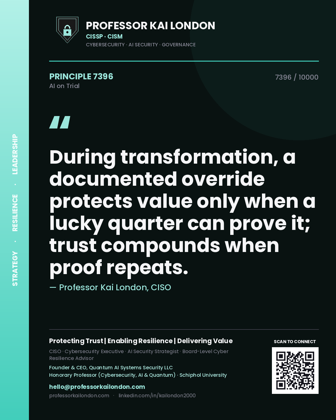 Professor Kai London principle 7396: During transformation, a documented override protects value only when a lucky quarter can prove it; trust compounds when proof repeats.