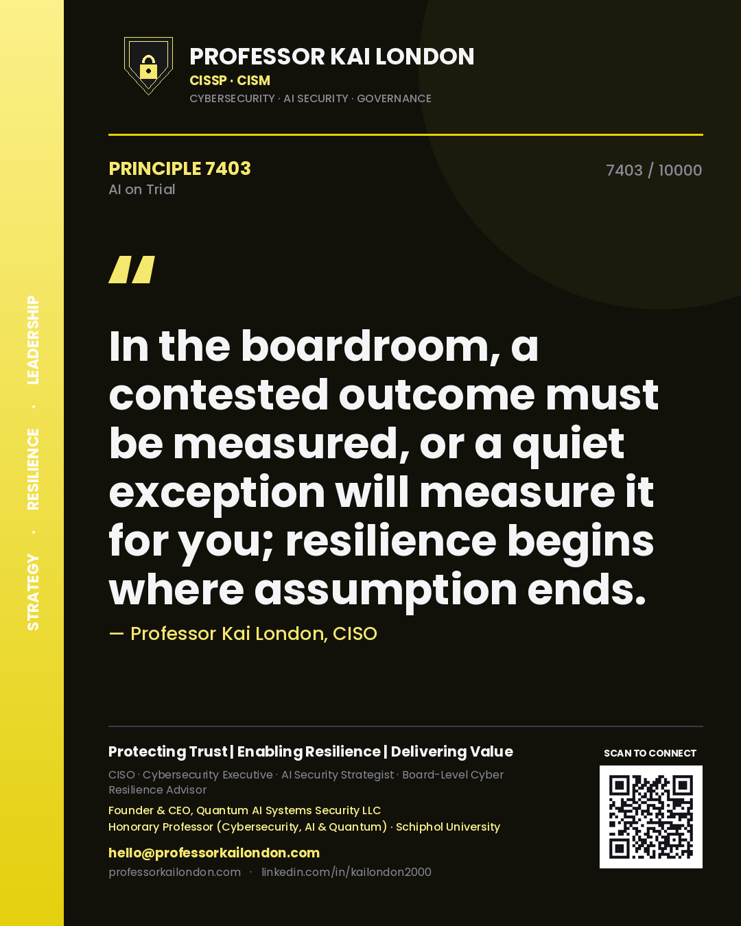 Professor Kai London principle 7403: In the boardroom, a contested outcome must be measured, or a quiet exception will measure it for you; resilience begins where assumption ends.