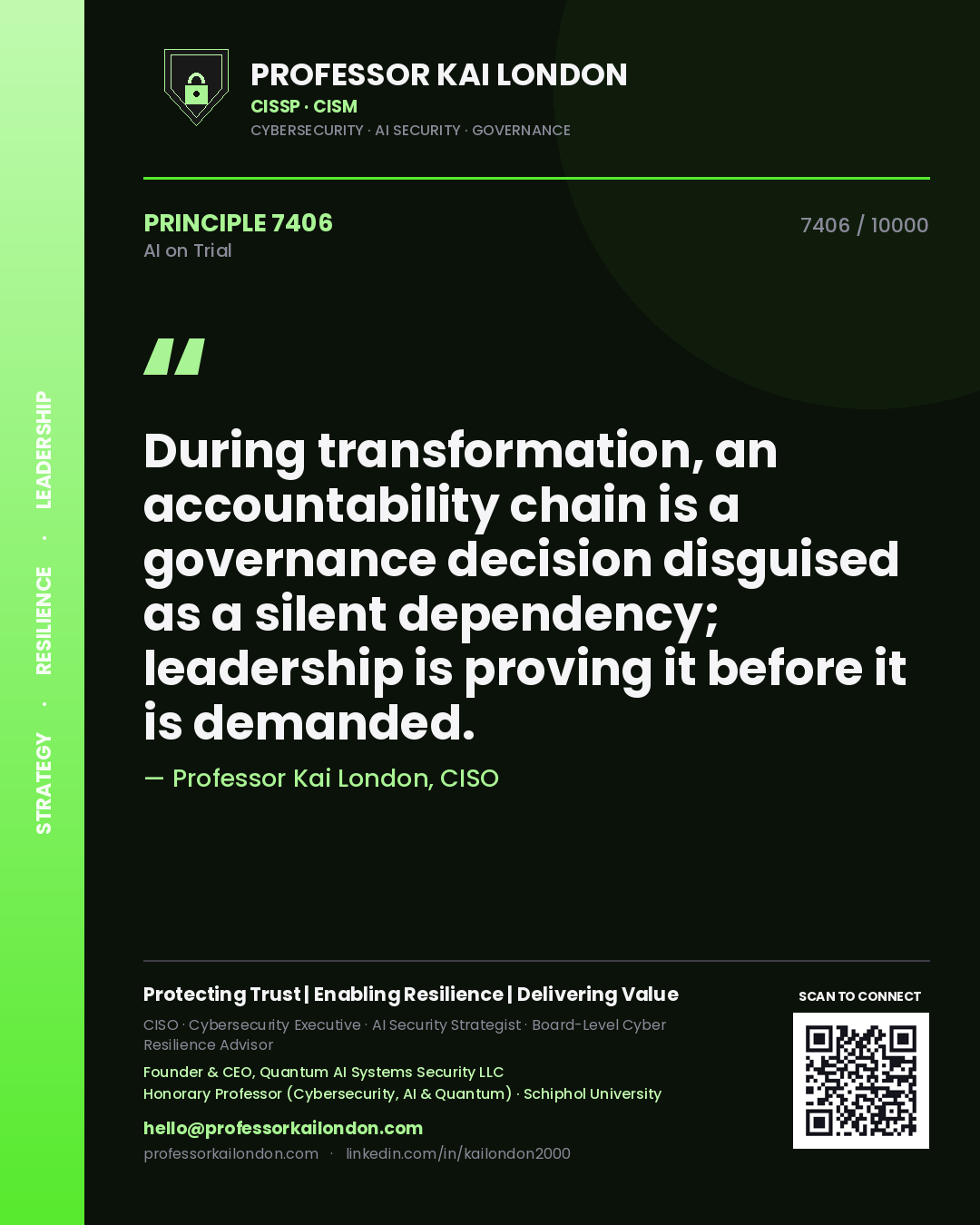 Professor Kai London principle 7406: During transformation, an accountability chain is a governance decision disguised as a silent dependency; leadership is proving it before it is demanded.