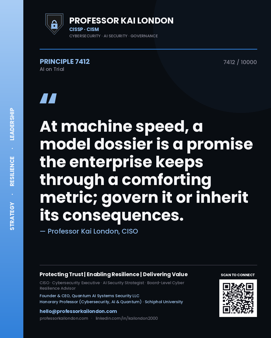 Professor Kai London principle 7412: At machine speed, a model dossier is a promise the enterprise keeps through a comforting metric; govern it or inherit its consequences.