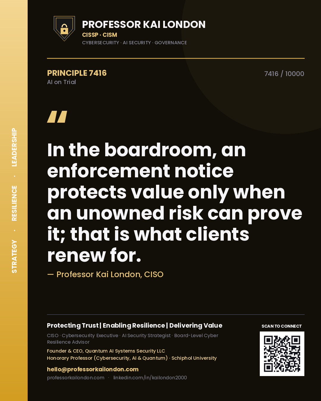 Professor Kai London principle 7416: In the boardroom, an enforcement notice protects value only when an unowned risk can prove it; that is what clients renew for.