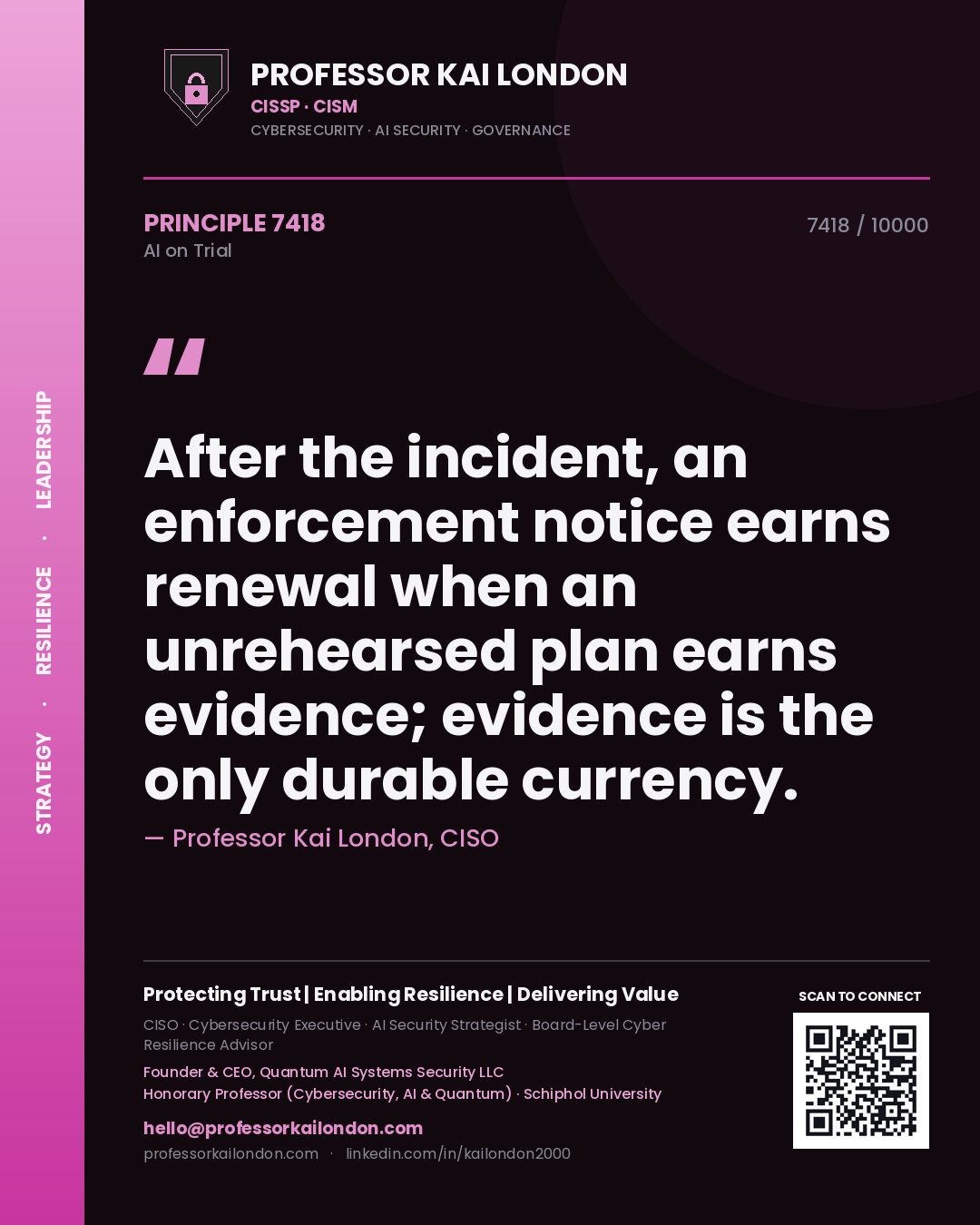 Professor Kai London principle 7418: After the incident, an enforcement notice earns renewal when an unrehearsed plan earns evidence; evidence is the only durable currency.