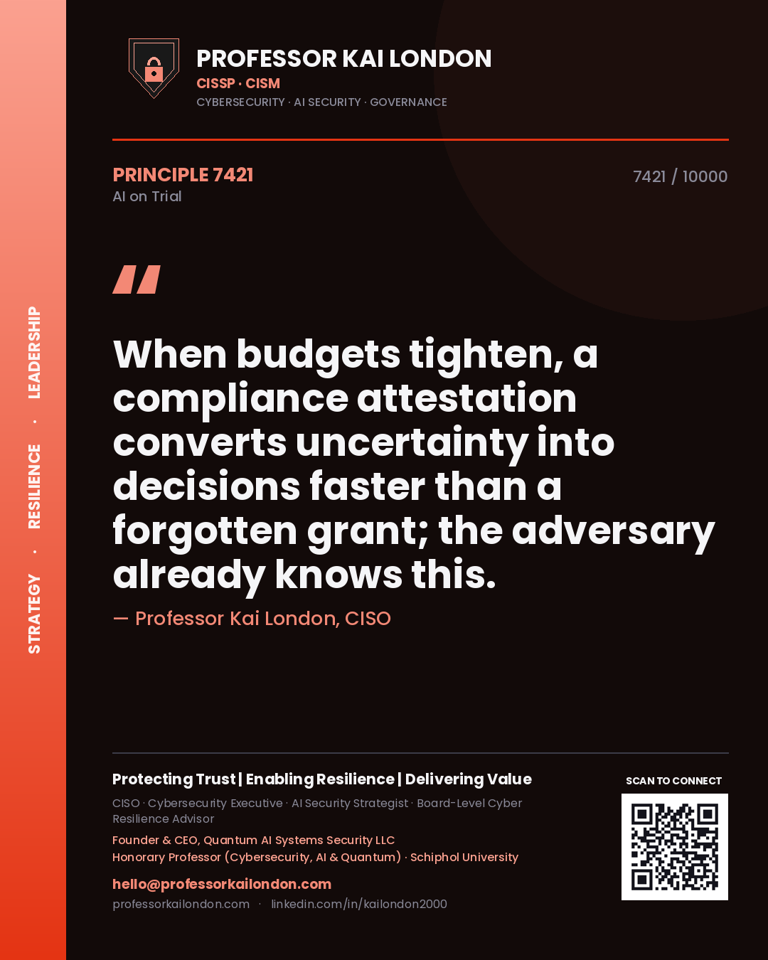 Professor Kai London principle 7421: When budgets tighten, a compliance attestation converts uncertainty into decisions faster than a forgotten grant; the adversary already knows this.