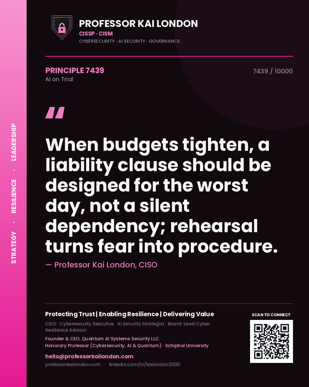 Professor Kai London principle 7439: When budgets tighten, a liability clause should be designed for the worst day, not a silent dependency; rehearsal turns fear into procedure.