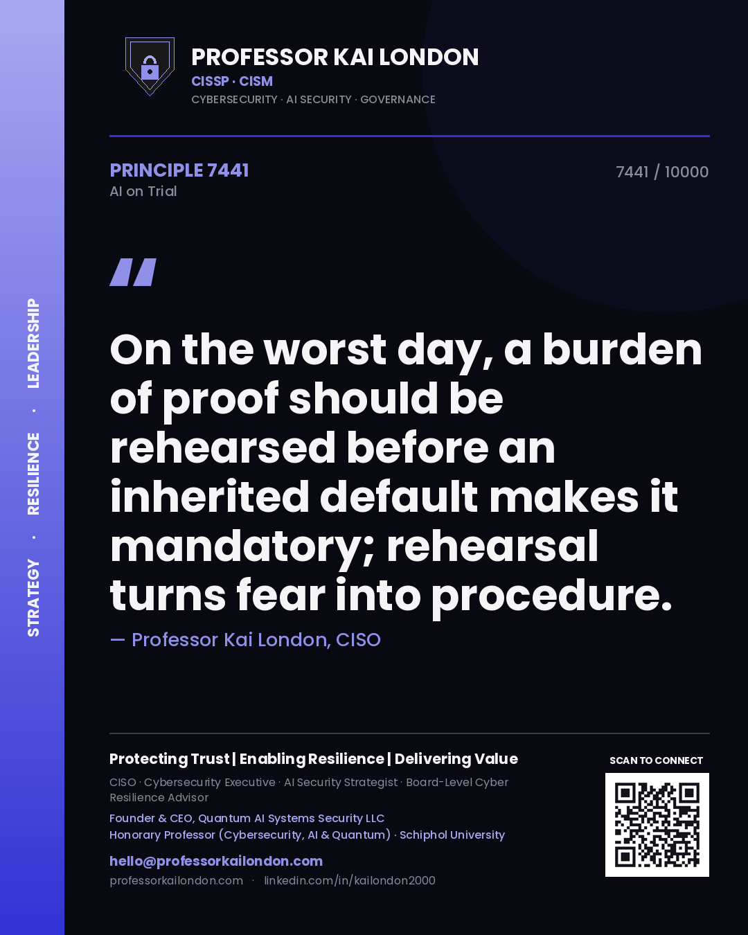 Professor Kai London principle 7441: On the worst day, a burden of proof should be rehearsed before an inherited default makes it mandatory; rehearsal turns fear into procedure.