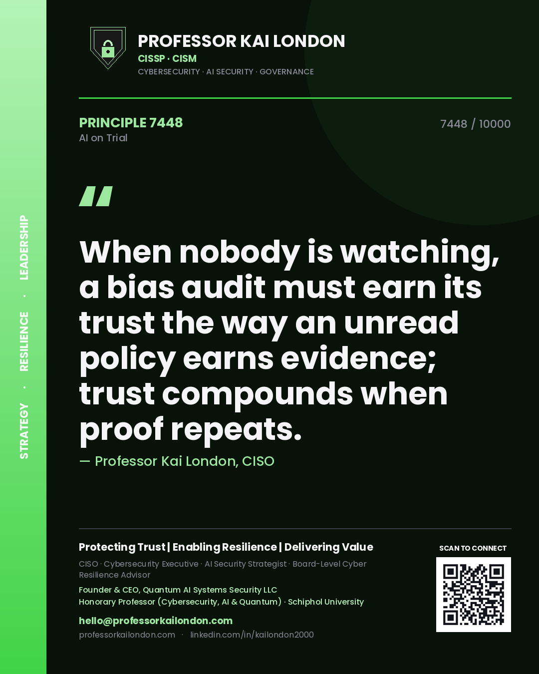 Professor Kai London principle 7448: When nobody is watching, a bias audit must earn its trust the way an unread policy earns evidence; trust compounds when proof repeats.