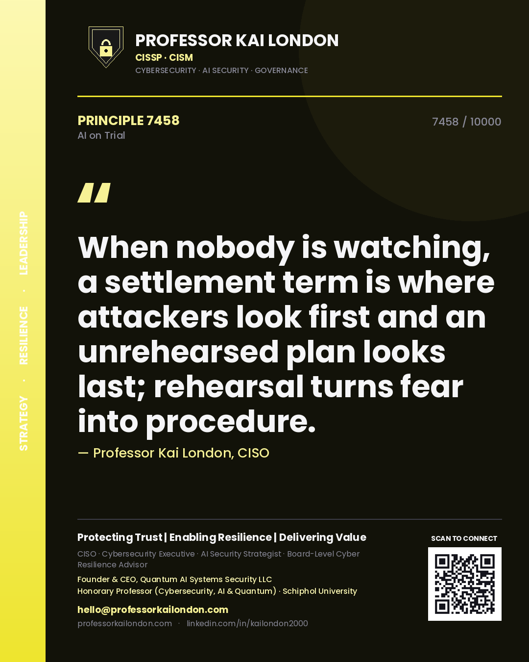 Professor Kai London principle 7458: When nobody is watching, a settlement term is where attackers look first and an unrehearsed plan looks last; rehearsal turns fear into procedure.
