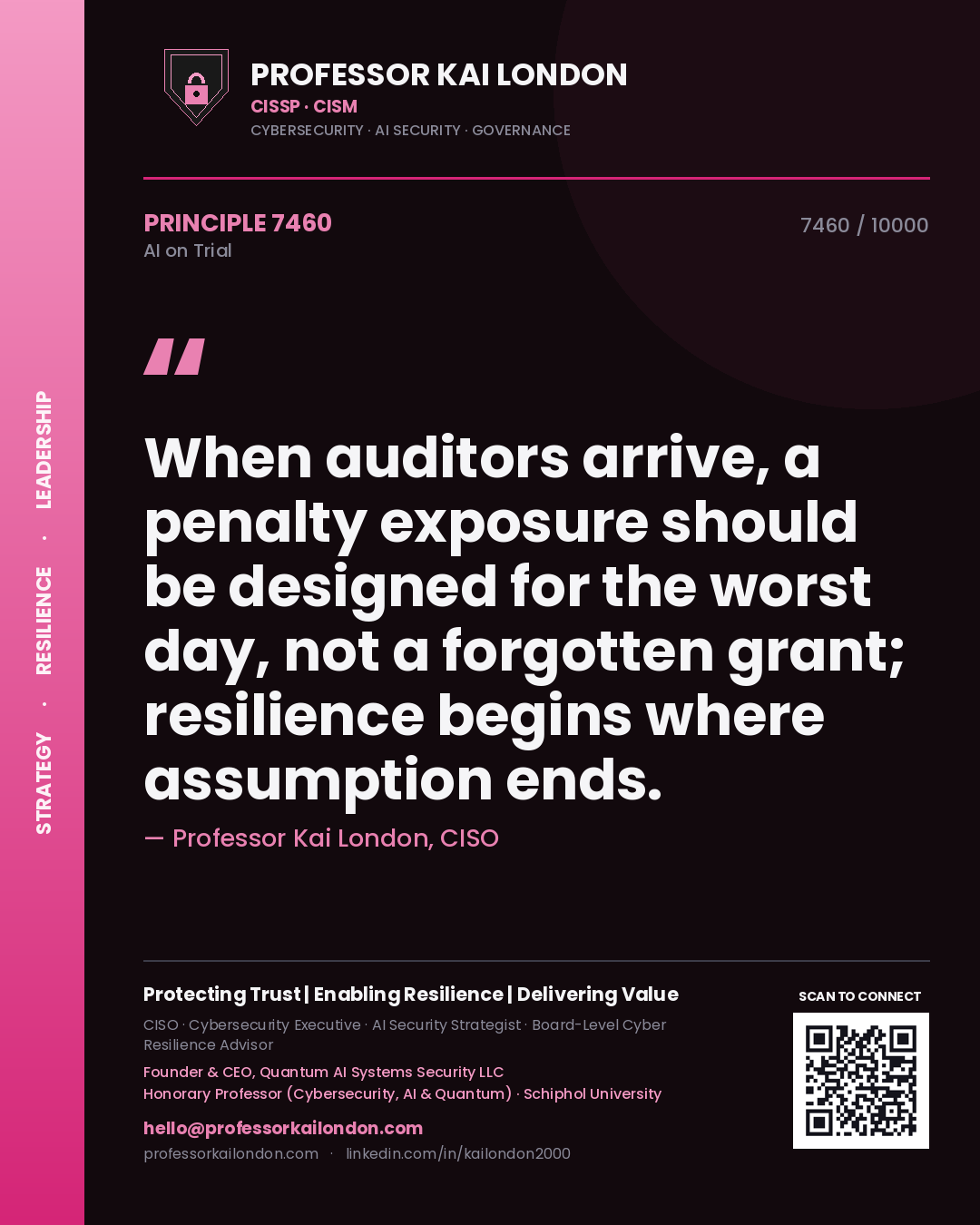Professor Kai London principle 7460: When auditors arrive, a penalty exposure should be designed for the worst day, not a forgotten grant; resilience begins where assumption ends.