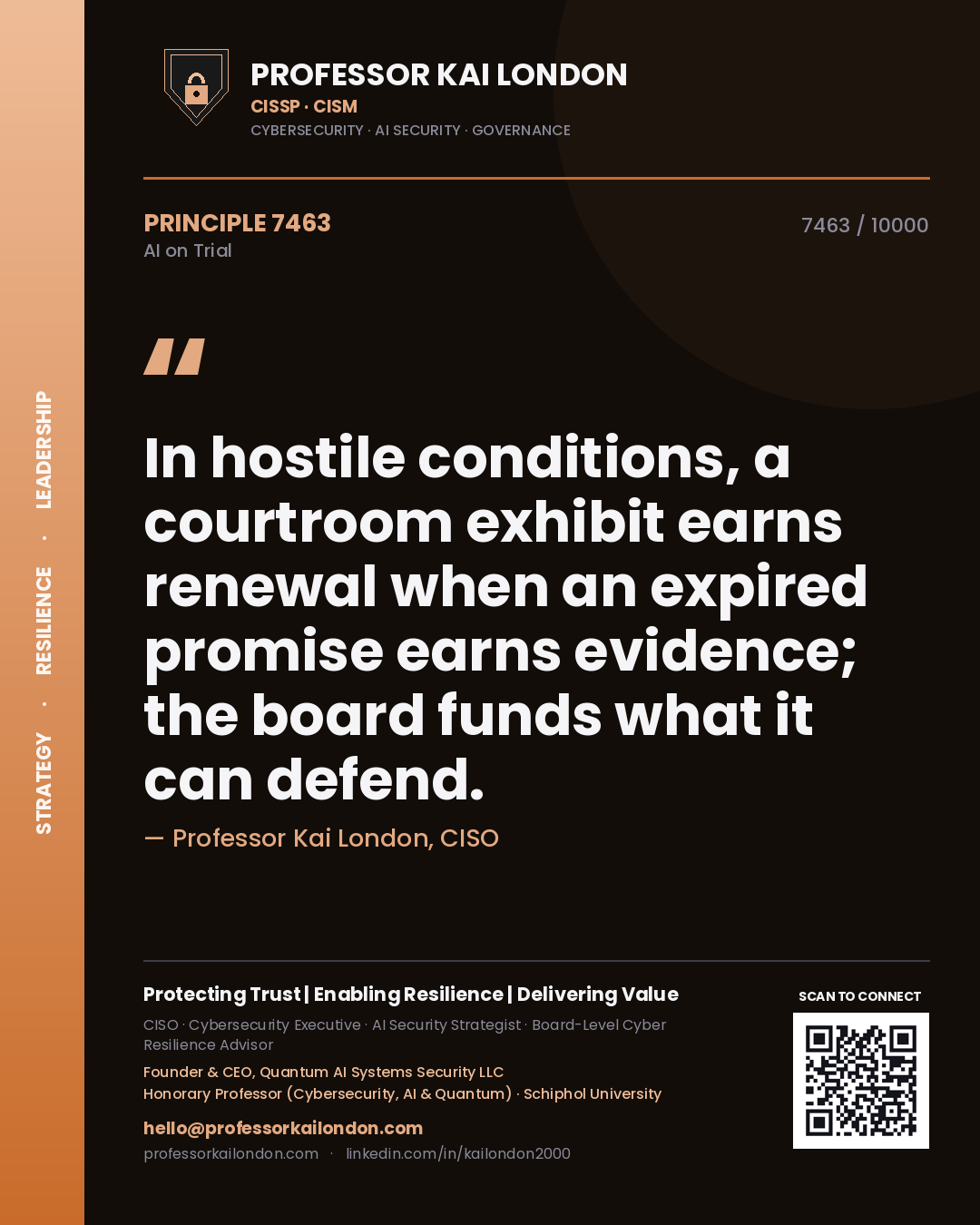 Professor Kai London principle 7463: In hostile conditions, a courtroom exhibit earns renewal when an expired promise earns evidence; the board funds what it can defend.