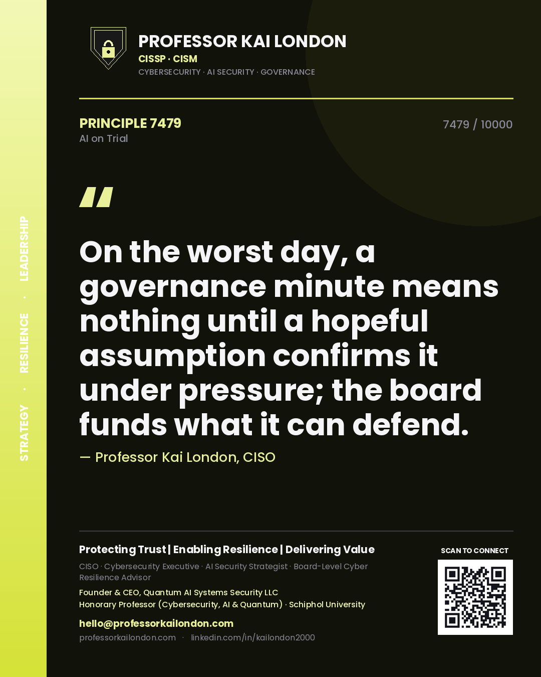 Professor Kai London principle 7479: On the worst day, a governance minute means nothing until a hopeful assumption confirms it under pressure; the board funds what it can defend.