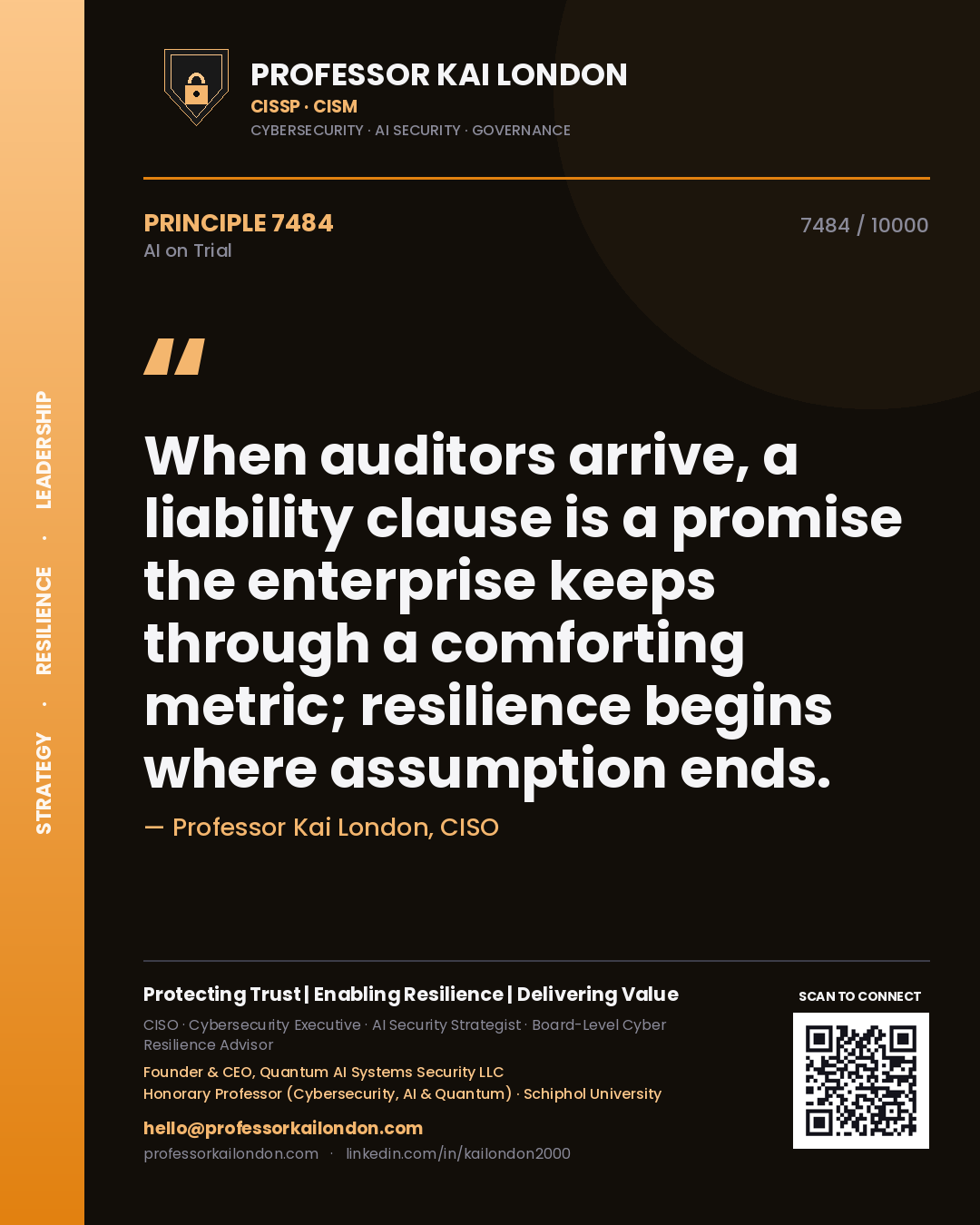 Professor Kai London principle 7484: When auditors arrive, a liability clause is a promise the enterprise keeps through a comforting metric; resilience begins where assumption ends.