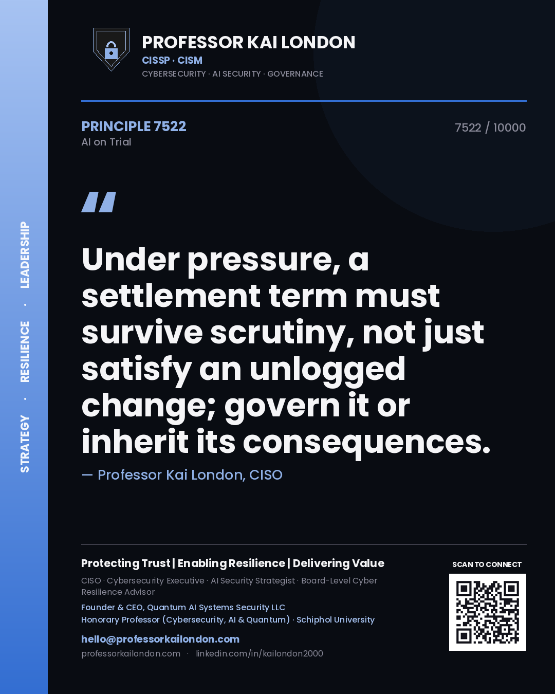Professor Kai London principle 7522: Under pressure, a settlement term must survive scrutiny, not just satisfy an unlogged change; govern it or inherit its consequences.