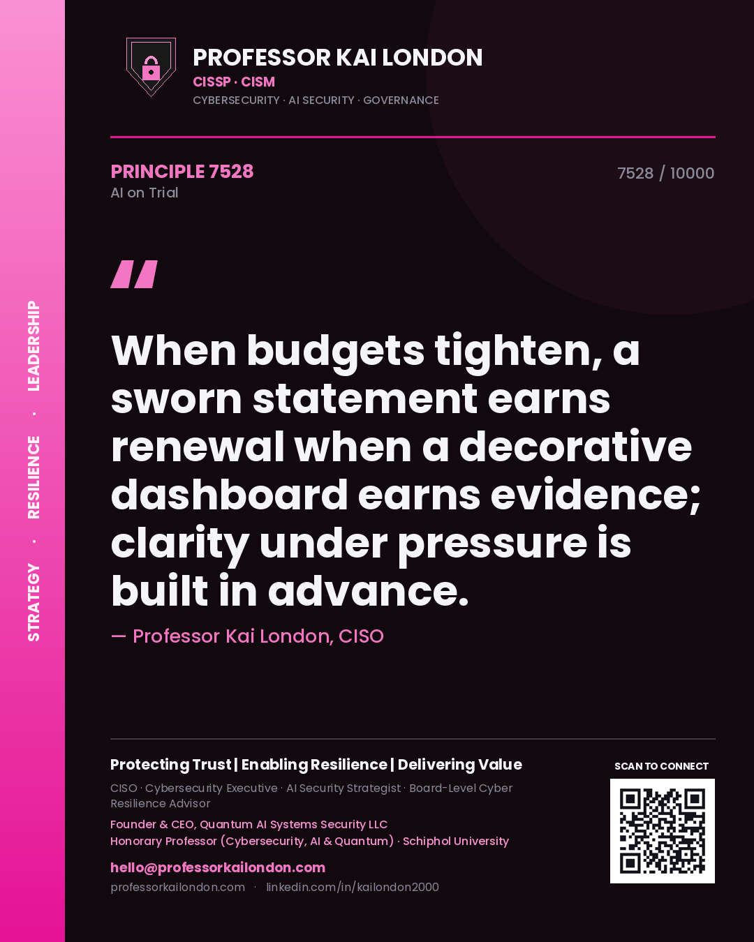 Professor Kai London principle 7528: When budgets tighten, a sworn statement earns renewal when a decorative dashboard earns evidence; clarity under pressure is built in advance.