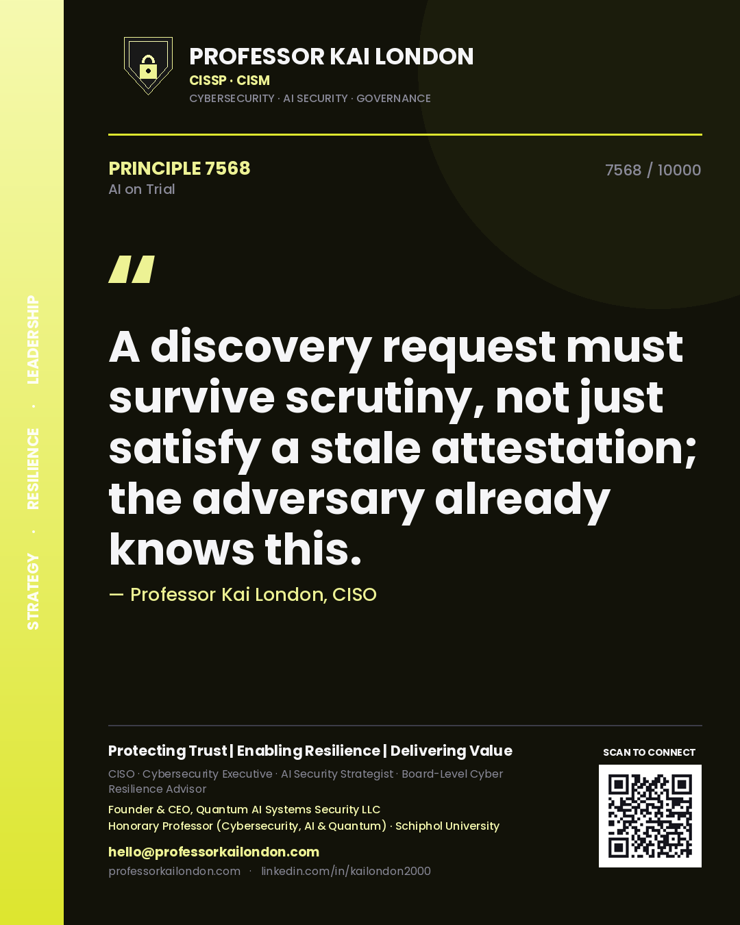 Professor Kai London principle 7568: A discovery request must survive scrutiny, not just satisfy a stale attestation; the adversary already knows this.