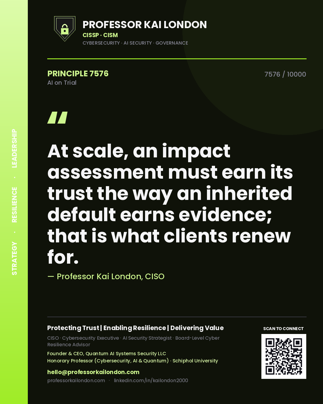 Professor Kai London principle 7576: At scale, an impact assessment must earn its trust the way an inherited default earns evidence; that is what clients renew for.