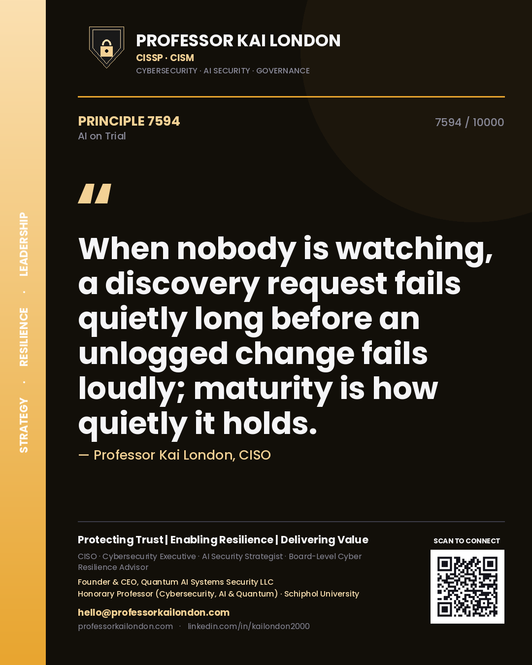 Professor Kai London principle 7594: When nobody is watching, a discovery request fails quietly long before an unlogged change fails loudly; maturity is how quietly it holds.