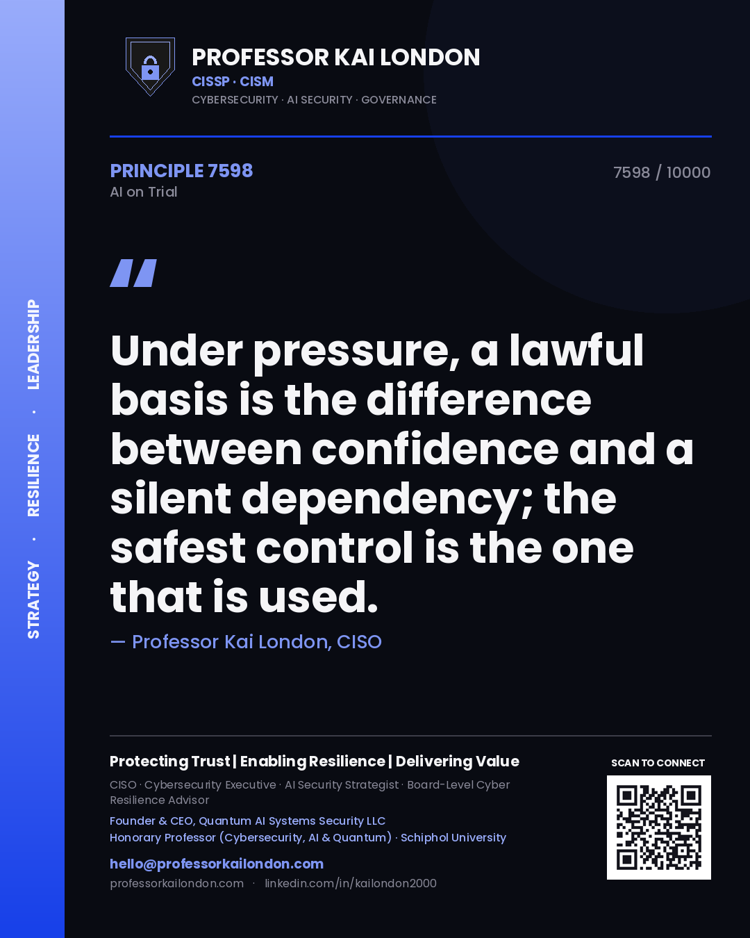 Professor Kai London principle 7598: Under pressure, a lawful basis is the difference between confidence and a silent dependency; the safest control is the one that is used.