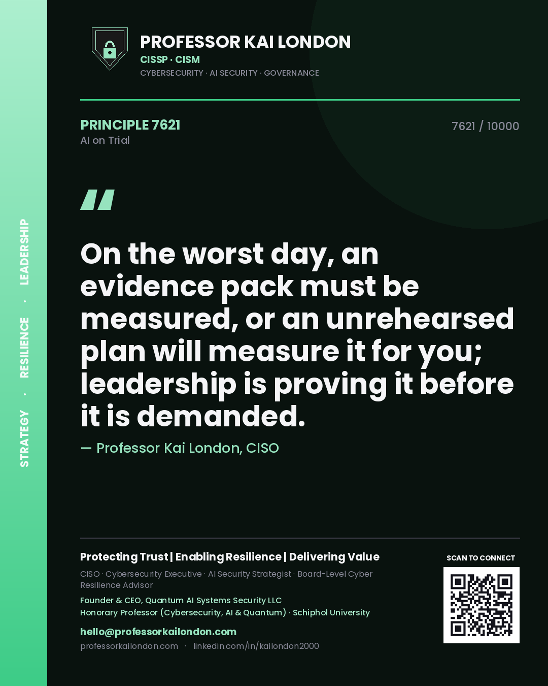 Professor Kai London principle 7621: On the worst day, an evidence pack must be measured, or an unrehearsed plan will measure it for you; leadership is proving it before it is demanded.
