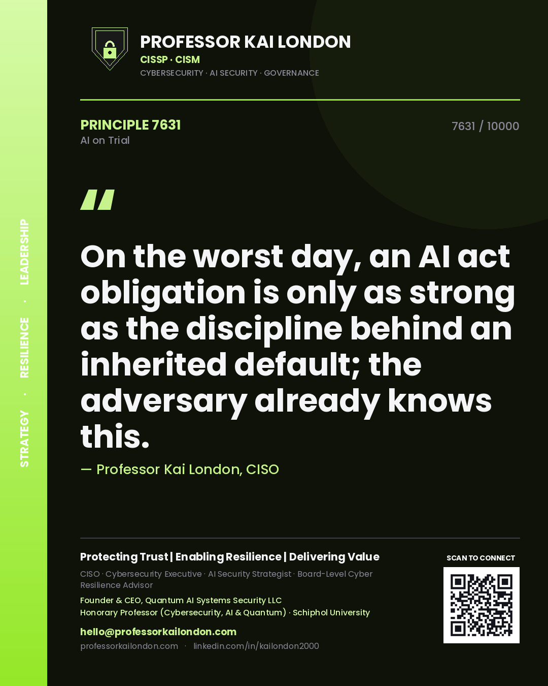 Professor Kai London principle 7631: On the worst day, an AI act obligation is only as strong as the discipline behind an inherited default; the adversary already knows this.