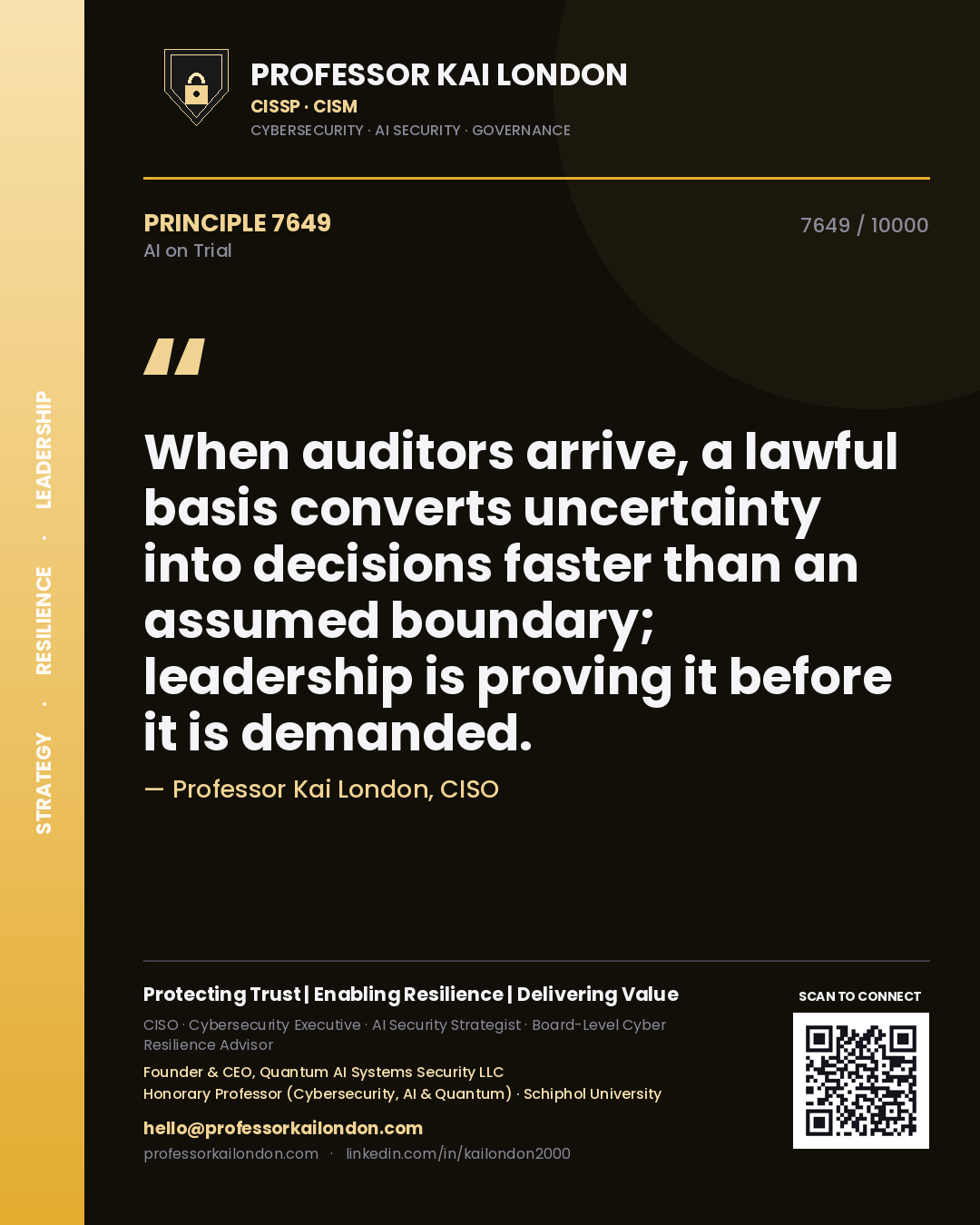 Professor Kai London principle 7649: When auditors arrive, a lawful basis converts uncertainty into decisions faster than an assumed boundary; leadership is proving it before it is demanded.