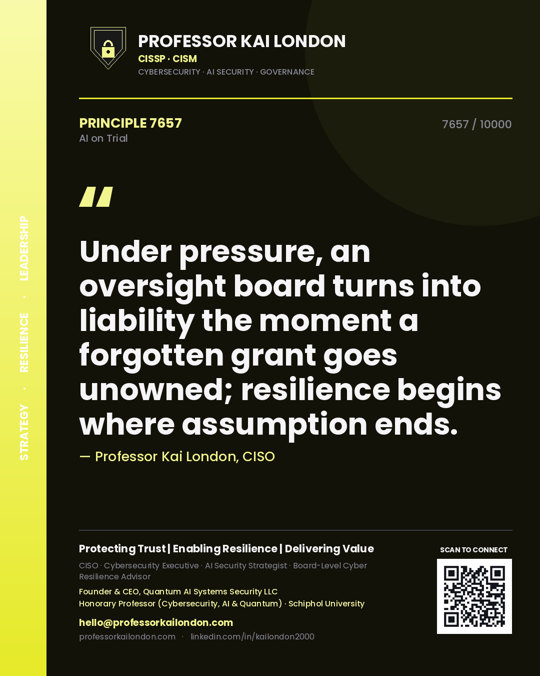 Professor Kai London principle 7657: Under pressure, an oversight board turns into liability the moment a forgotten grant goes unowned; resilience begins where assumption ends.