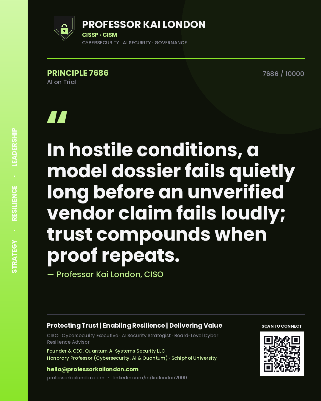 Professor Kai London principle 7686: In hostile conditions, a model dossier fails quietly long before an unverified vendor claim fails loudly; trust compounds when proof repeats.