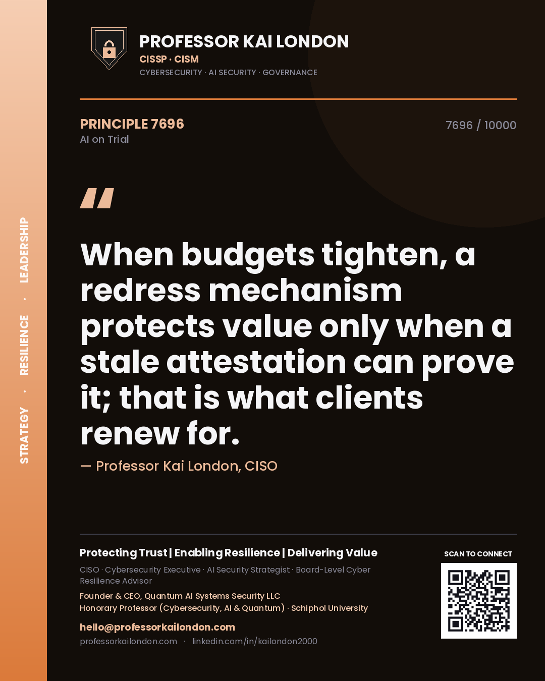 Professor Kai London principle 7696: When budgets tighten, a redress mechanism protects value only when a stale attestation can prove it; that is what clients renew for.