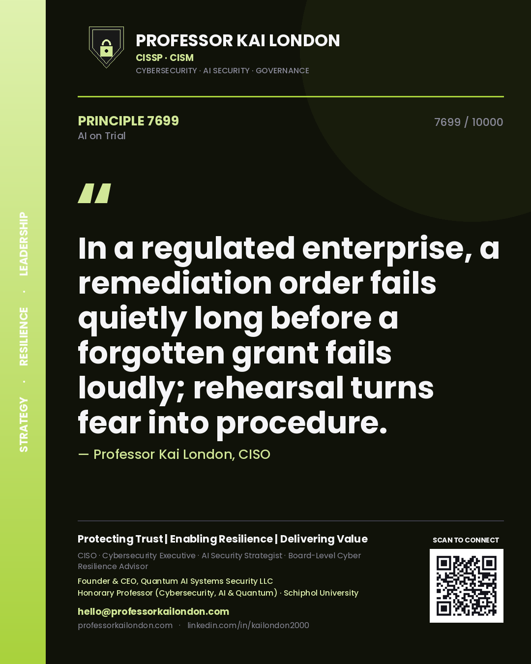 Professor Kai London principle 7699: In a regulated enterprise, a remediation order fails quietly long before a forgotten grant fails loudly; rehearsal turns fear into procedure.