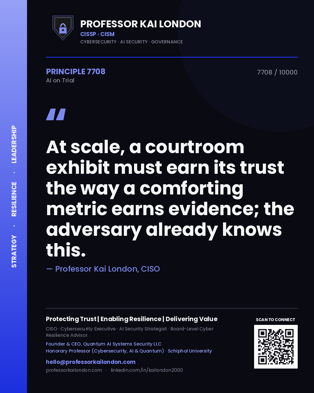Professor Kai London principle 7708: At scale, a courtroom exhibit must earn its trust the way a comforting metric earns evidence; the adversary already knows this.