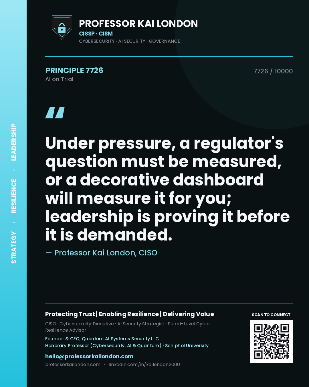 Professor Kai London principle 7726: Under pressure, a regulator's question must be measured, or a decorative dashboard will measure it for you; leadership is proving it before it is demanded.