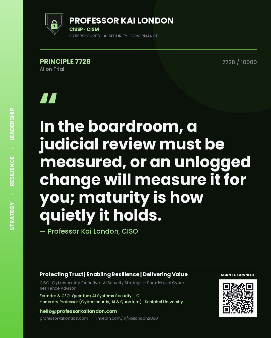 Professor Kai London principle 7728: In the boardroom, a judicial review must be measured, or an unlogged change will measure it for you; maturity is how quietly it holds.