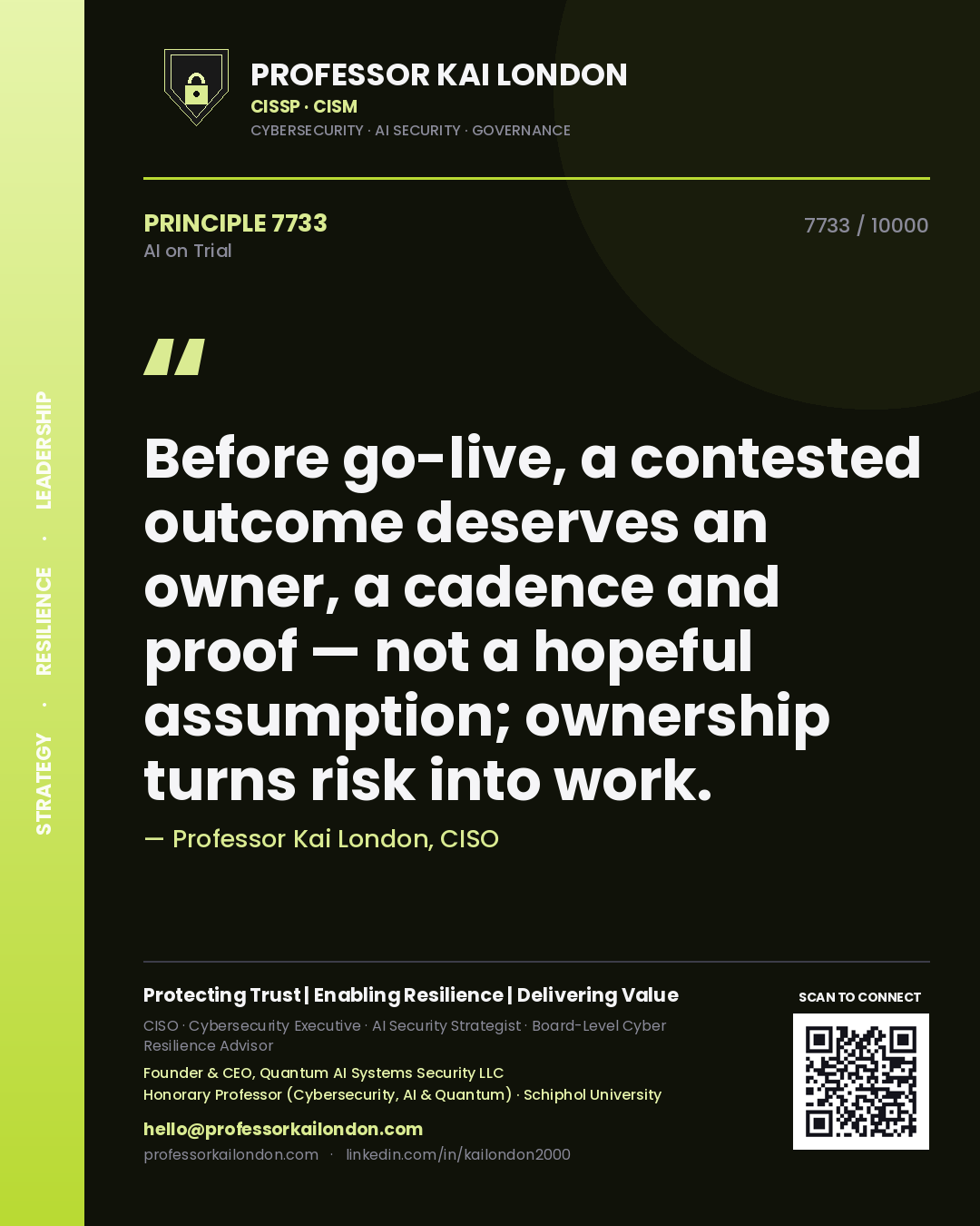 Professor Kai London principle 7733: Before go-live, a contested outcome deserves an owner, a cadence and proof — not a hopeful assumption; ownership turns risk into work.