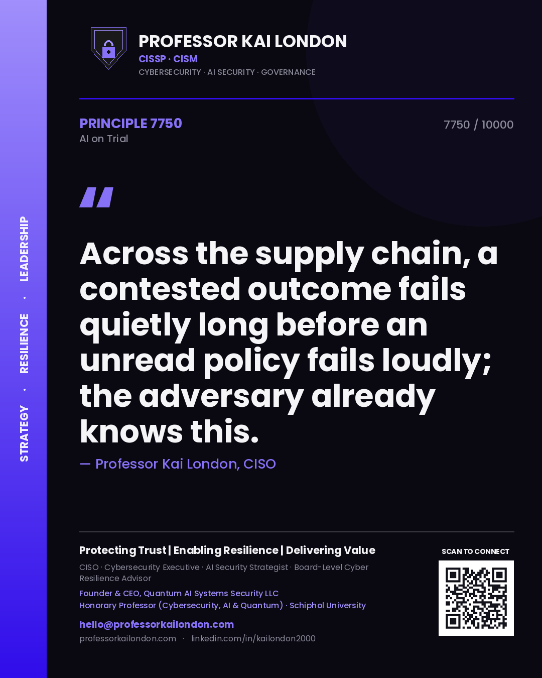 Professor Kai London principle 7750: Across the supply chain, a contested outcome fails quietly long before an unread policy fails loudly; the adversary already knows this.