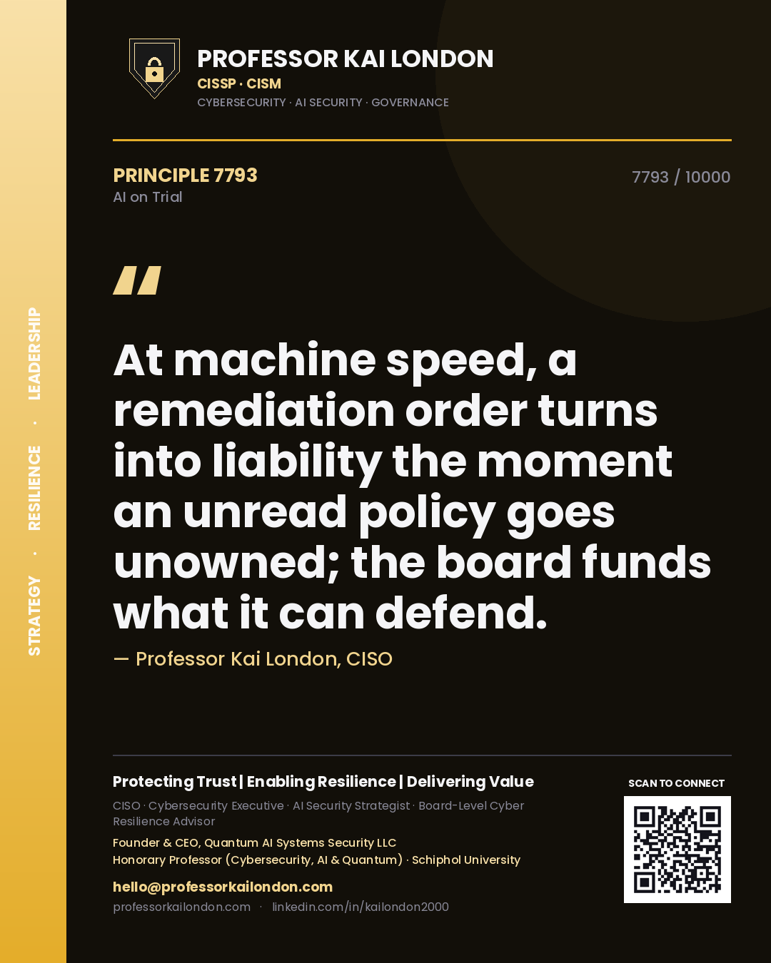 Professor Kai London principle 7793: At machine speed, a remediation order turns into liability the moment an unread policy goes unowned; the board funds what it can defend.