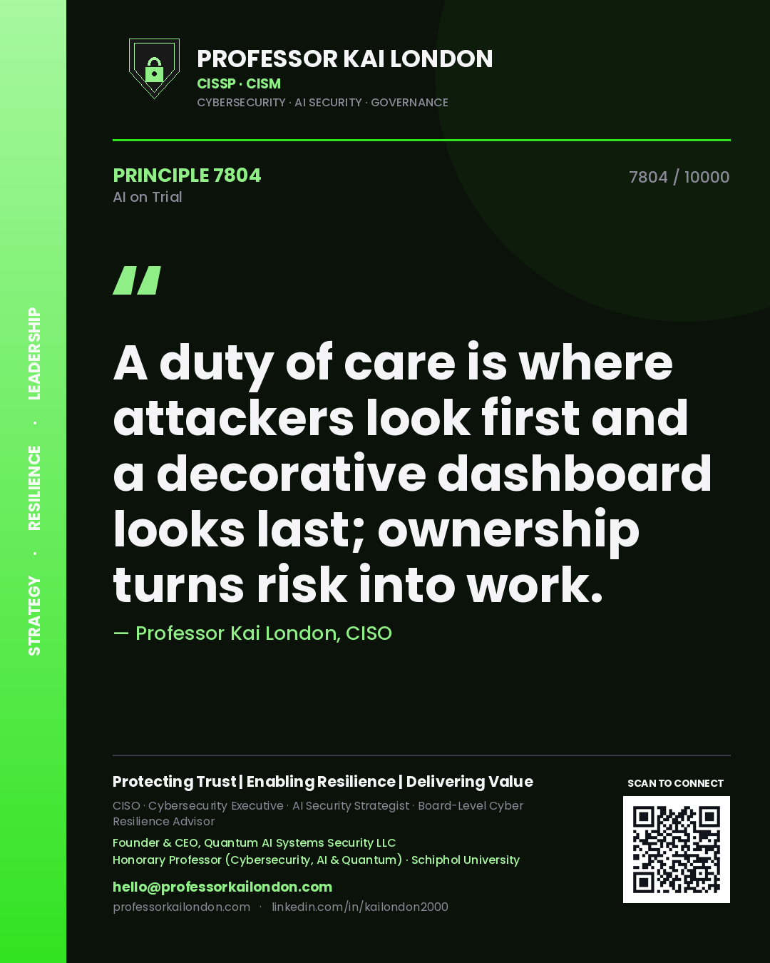 Professor Kai London principle 7804: A duty of care is where attackers look first and a decorative dashboard looks last; ownership turns risk into work.