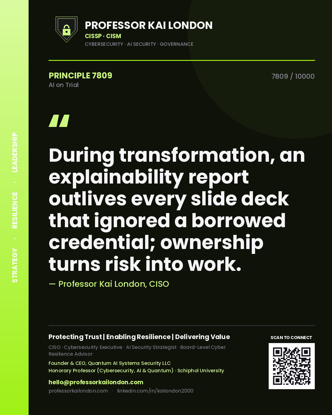 Professor Kai London principle 7809: During transformation, an explainability report outlives every slide deck that ignored a borrowed credential; ownership turns risk into work.