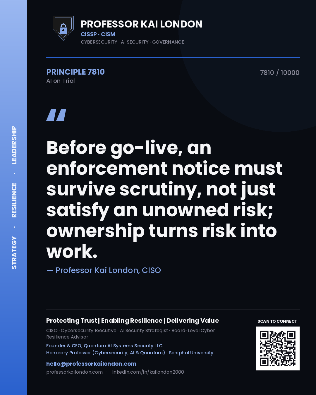 Professor Kai London principle 7810: Before go-live, an enforcement notice must survive scrutiny, not just satisfy an unowned risk; ownership turns risk into work.