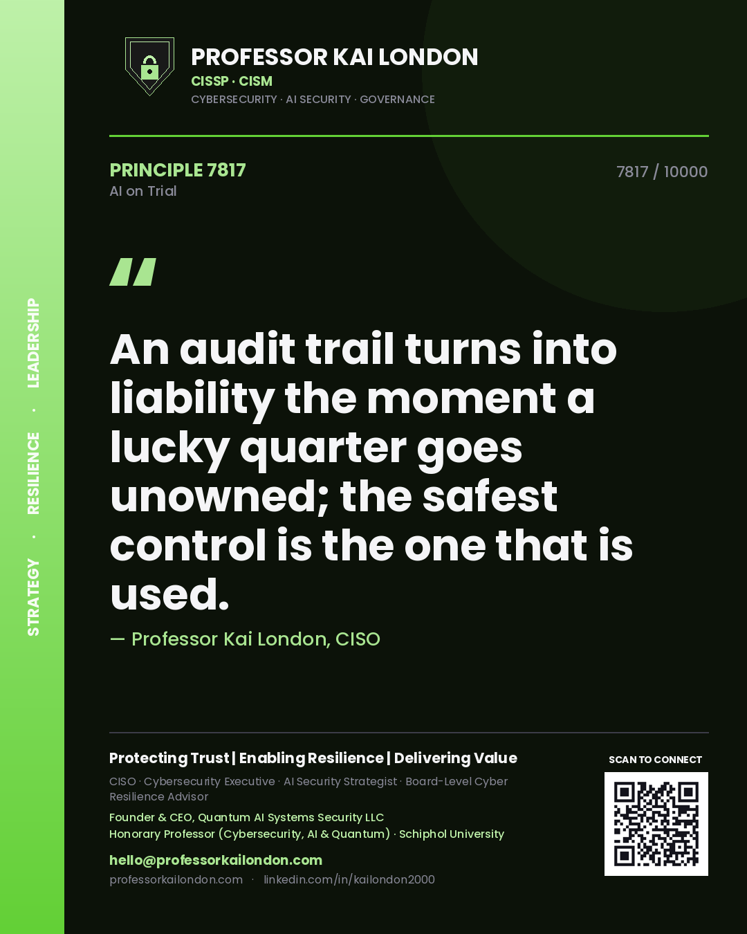 Professor Kai London principle 7817: An audit trail turns into liability the moment a lucky quarter goes unowned; the safest control is the one that is used.