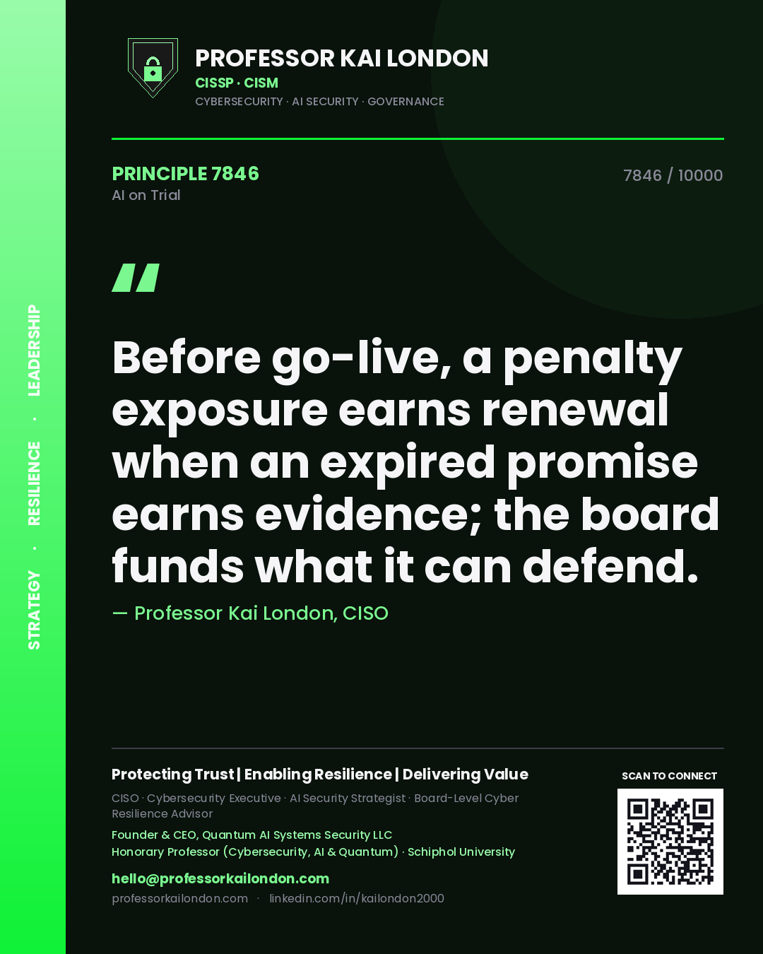 Professor Kai London principle 7846: Before go-live, a penalty exposure earns renewal when an expired promise earns evidence; the board funds what it can defend.